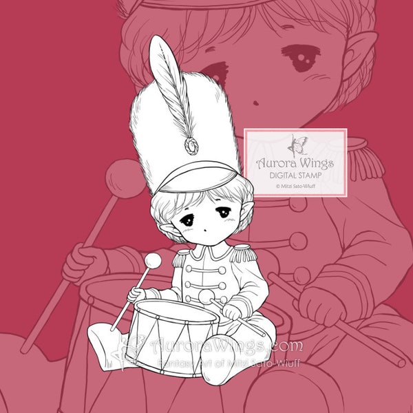 Line Art Digital Stamp in JPG and PNG - Little Drummer Sprite - Holiday Baby Elf - Christmas Coloring Page for All Ages - Aurora Wings