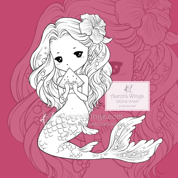 PNG JPG Summer Sprite with Watermelon - Aurora Wings Digital Stamp - Cute Mermaid - Fantasy Line Art for Arts and Crafts by Mitzi Sato-Wiuff