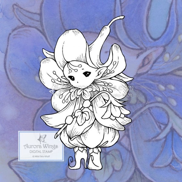 PNG JPG Hepatica Sprite - Whimsical Forest Wildflower Fairy - Digital Stamp - Coloring Page - Fantasy Art of Mitzi Sato-Wiuff - Aurora Wings