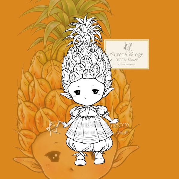 PNG JPG Digital Stamp - Pineapple Sprite - Whimsical Little Tropical Fruit Fairy Fantasy Line Art for Cards & Crafts by Mitzi Sato-Wiuff