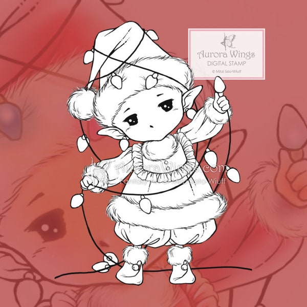 JPG and PNG Digital Stamp - Christmas Lights Sprite - Whimsical Holiday Child Fairy Image - Fantasy Line Art for Cards Crafts and Coloring