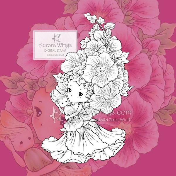 PNG and JPG Hollyhock Sprite - Aurora Wings Digital Stamp - Adorable Flower Fairy - Fantasy Line Art for Arts and Crafts by Mitzi Sato-Wiuff