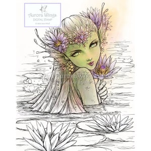 Digital Stamp Download Lotus Mermaid Mermaid in a Water Lily Pond Line Art for Arts and Crafts by Mitzi Sato-Wiuff AuroraWings image 1