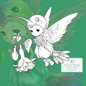 Hummingbird Sprite - Aurora Wings Digital Stamp JPG PNG - Whimsical Bird Fairy - Fantasy Line Art for Arts and Crafts by Mitzi Sato-Wiuff