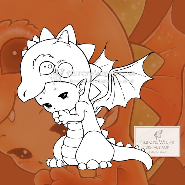 Dragon Sprite - Aurora Wings Digital Stamp - Cute Baby Dragon - JPG and PNG - Fantasy Line Art for Arts and Crafts by Mitzi Sato-Wiuff