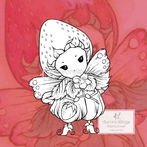 Digital Stamp JPG and PNG - Whimsical Strawberry Sprite - Instant Download - Fantasy Line Art for Cards & Crafts by Mitzi Sato-Wiuff