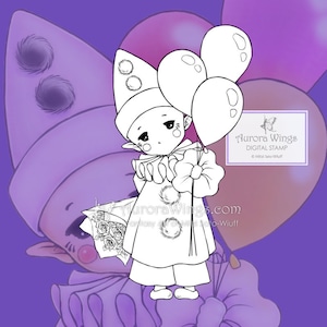 Happy Pierrot Sprite Aurora Wings Digital Stamp JPG and PNG Cute Clown with Balloons Line Art for Arts and Crafts by Mitzi Sato-Wiuff image 1