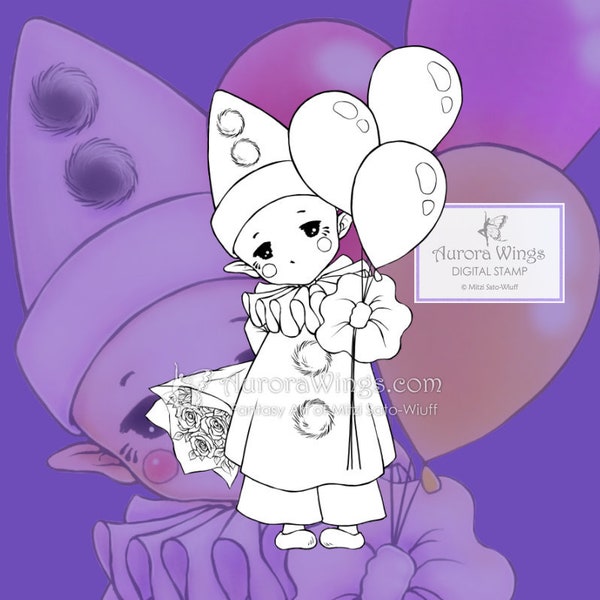 Happy Pierrot Sprite - Aurora Wings Digital Stamp JPG and PNG - Cute Clown with Balloons - Line Art for Arts and Crafts by Mitzi Sato-Wiuff