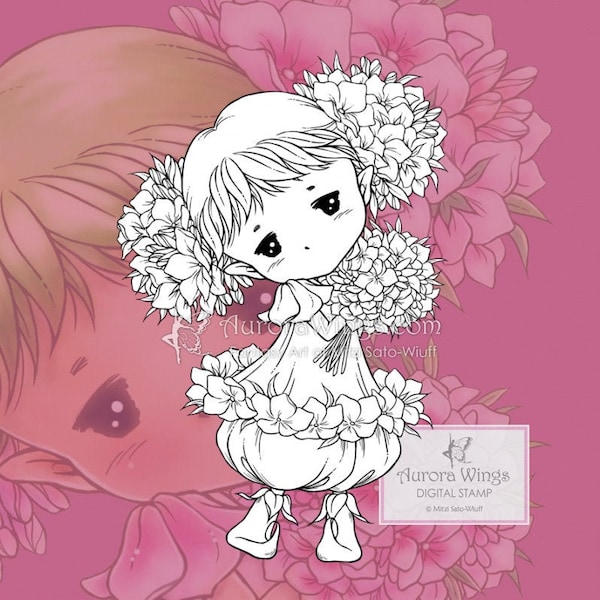 PNG JPG Phlox Sprite - Whimsical Flower Elf with a Bouquet - Digital Stamp - Coloring Page - Fantasy Art of Mitzi Sato-Wiuff - Aurora Wings