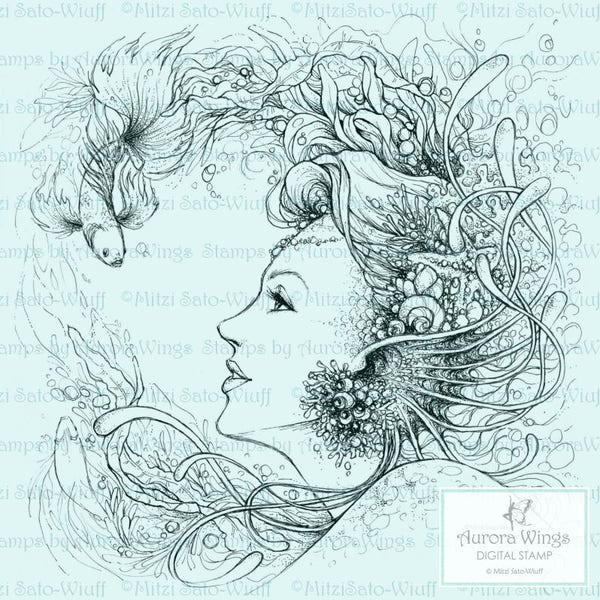Digital Stamp - Instant Download - Fins and Pearls - Mermaid with Kelp and Fish - Fantasy Line Art Digi for Arts and Crafts - AuroraWings