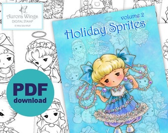 PDF Libro para colorear Holiday Sprites Volumen 2 - 12 imágenes de hadas elfos navideños para colorear para todas las edades - Aurora Wings - Arte de Mitzi Sato-Wiuff