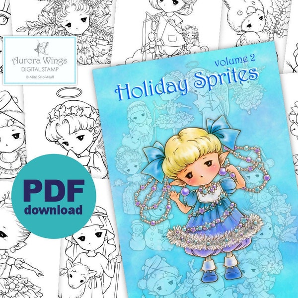 PDF Holiday Sprites Coloring Book Volume 2 - 12 Christmas Elf Fairy Images to Color for All Ages - Aurora Wings - Art by Mitzi Sato-Wiuff