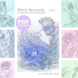 PDF Adult Coloring Page Bundle Mitzi's Mermaids Collection of 7 Beautifully Detailed Fantasy Mermaid Coloring Pages by Mitzi Sato-Wiuff image 1