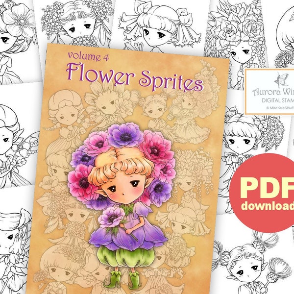 PDF Flower Sprites Coloring Book Volume 4 - 12 Whimsical Garden Plant Fairy Elf Images for All Ages - Aurora Wings - Art by Mitzi Sato-Wiuff