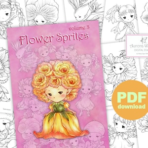 PDF Flower Sprites Coloring Book Volume 3 - 12 Whimsical Garden Plant Fairy Elf Images for All Ages - Aurora Wings - Art by Mitzi Sato-Wiuff