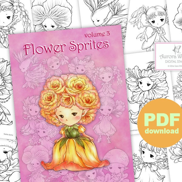 PDF Flower Sprites Coloring Book Volume 3 - 12 Whimsical Garden Plant Fairy Elf Images for All Ages - Aurora Wings - Art by Mitzi Sato-Wiuff