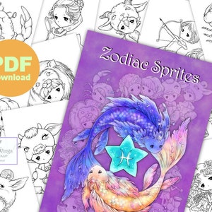 PDF Zodiac Sprites Coloring Book 12 Astrology Sign Elf Fairy Images to Color for All Ages Aurora Wings Art by Mitzi Sato-Wiuff image 1
