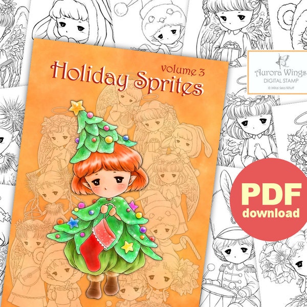 PDF Holiday Sprites Coloring Book Volume 3 - 12 Christmas Elf Fairy Images to Color for All Ages - Aurora Wings - Art by Mitzi Sato-Wiuff