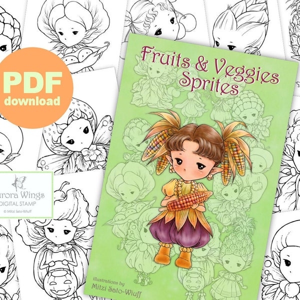 PDF Fruits & Veggies Sprites Coloring Book - 12 Edible Plant Fairy Elf Images to Color for All Ages - Aurora Wings - Art by Mitzi Sato-Wiuff