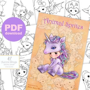 May include: A digital stamp set featuring adorable animal sprites in various costumes. The set includes a unicorn, a llama, a cat, a pig, a duck, and a bunny. The stamps are black and white line art and are perfect for coloring.