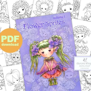 PDF Flower Sprites Coloring Book Volume 1 - 12 + 1 Adorable Garden Sprite Elf Images for All Ages - Aurora Wings - Art by Mitzi Sato-Wiuff