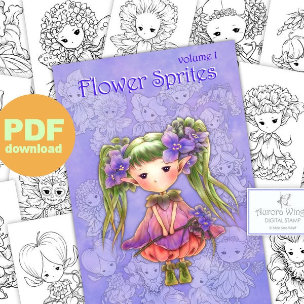 PDF Flower Sprites Coloring Book Volume 1 - 12 + 1 Adorable Garden Sprite Elf Images for All Ages - Aurora Wings - Art by Mitzi Sato-Wiuff