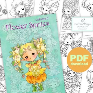 PDF Flower Sprites Coloring Book Vol. 5 12 Adorable Garden Fairy Elf Images to Color for All Ages Aurora Wings Art by Mitzi Sato-Wiuff image 1