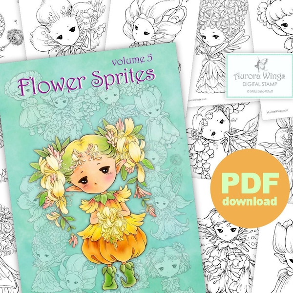 PDF Flower Sprites Coloring Book Vol. 5 - 12 Adorable Garden Fairy Elf Images to Color for All Ages - Aurora Wings - Art by Mitzi Sato-Wiuff