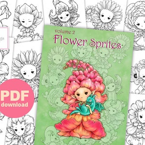 PDF Flower Sprites Coloring Book Volume 2 - 12 Whimsical Garden Plant Fairy Elf Images for All Ages - Aurora Wings - Art by Mitzi Sato-Wiuff