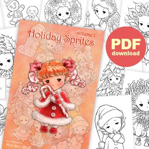 PDF Holiday Sprites Coloring Book volume 1 12 Christmas Elf Fairy Images to Color for All Ages Aurora Wings Art by Mitzi Sato-Wiuff image 1