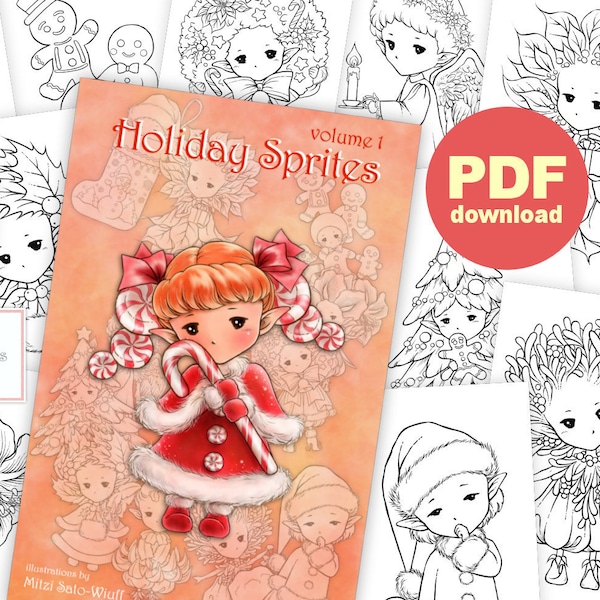 PDF Holiday Sprites Coloring Book volume 1 - 12 Christmas Elf Fairy Images to Color for All Ages - Aurora Wings - Art by Mitzi Sato-Wiuff