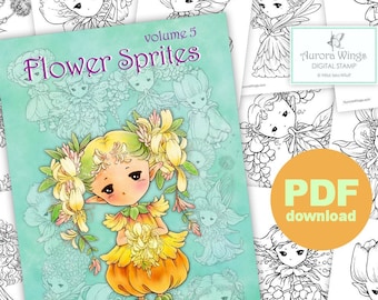 PDF Libro para colorear Flower Sprites vol. 5 - 12 adorables imágenes de elfos de hadas del jardín para colorear para todas las edades - Aurora Wings - Arte de Mitzi Sato-Wiuff