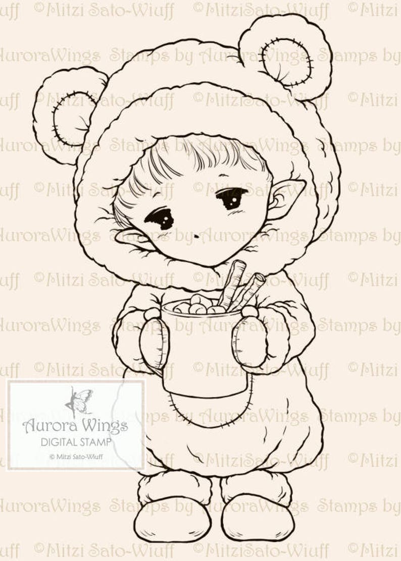 Hot Cocoa Sprite Aurora Wings Digital Stamp Christmas Holiday Fairy Image Fantasy Line Art for Arts and Crafts by Mitzi Sato-Wiuff image 2