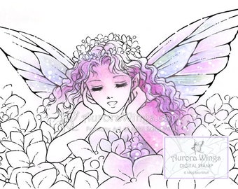 Digital Stamp Instant Download - Hydrangea Fairy 2 - Fairy Propping Her Chin Up - Fantasy Line Art for Cards & Crafts by Mitzi Sato-Wiuff