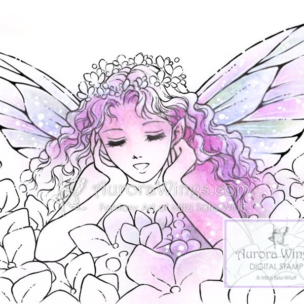 Digital Stamp Instant Download - Hydrangea Fairy 2 - Fairy Propping Her Chin Up - Fantasy Line Art for Cards & Crafts by Mitzi Sato-Wiuff