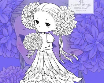 PNG Agapanthus Sprite - Pretty Spring Flower Elf w/ Bouquet - Digital Stamp - Coloring Page - Fantasy Art of Mitzi Sato-Wiuff - Aurora Wings