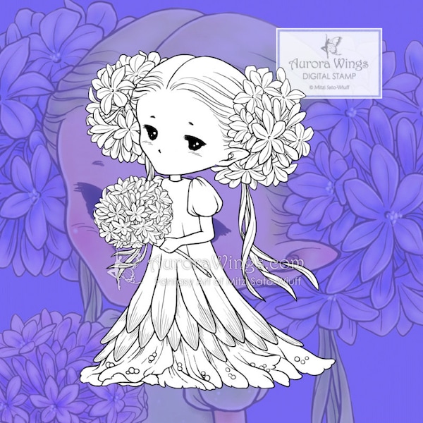 Agapanthus Sprite - Pretty Spring Flower Elf w Bouquet - Line Digital Stamp - Coloring Page - Fantasy Art of Mitzi Sato-Wiuff - Aurora Wings