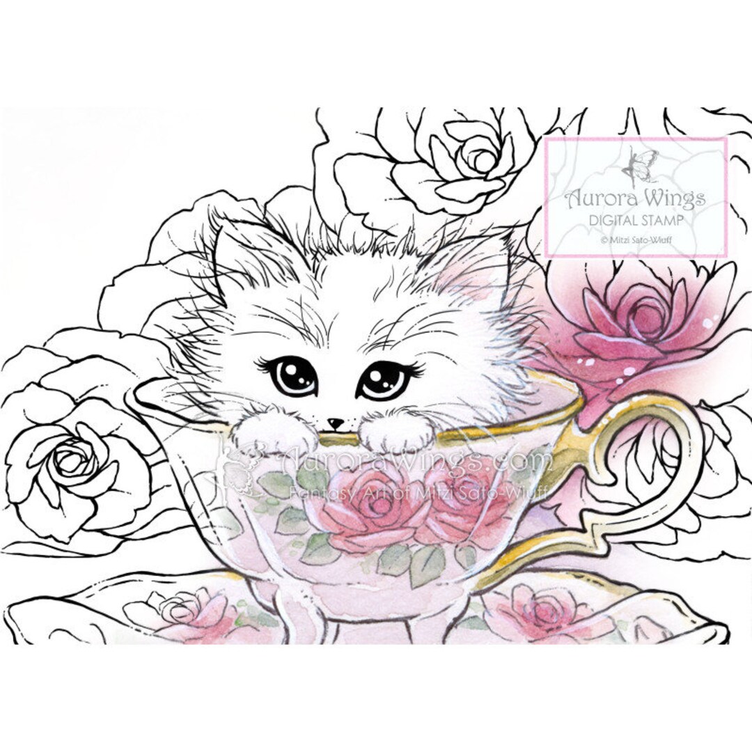 Kitten in a Teacup Digital Stamp Coloring Page Kitty Cat and Roses ...