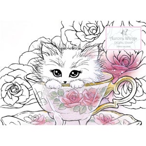 Kitten in a Teacup - Digital Stamp - Coloring Page - Kitty Cat and Roses - Animal Whimsy Fantasy Art of Mitzi Sato-Wiuff - Aurora Wings