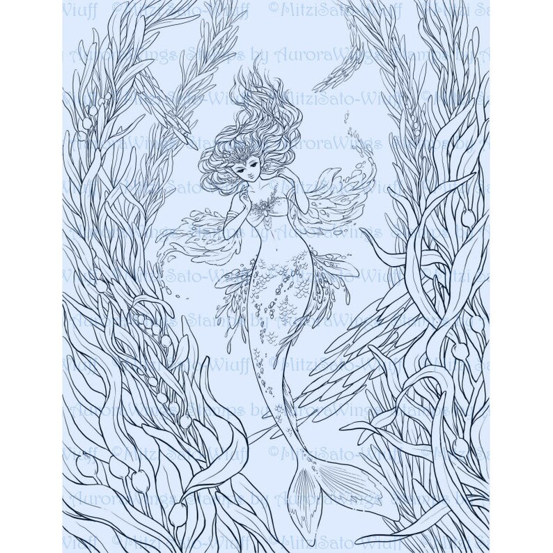 PDF Adult Coloring Page Bundle Mitzi's Mermaids Collection of 7 Beautifully Detailed Fantasy Mermaid Coloring Pages by Mitzi Sato-Wiuff image 4