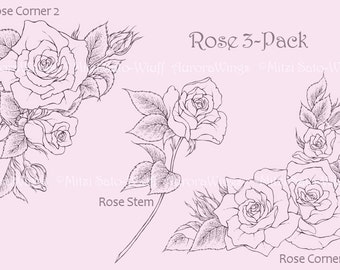 Digital Stamp - Roses 3 Pack  - digistamp - Instant Download - Corners and Stem - Floral Line Art for Cards & Crafts by Mitzi Sato-Wiuff