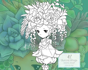 PNG JPG Succulent Sprite - Aurora Wings Digital Stamp - Adorable Plant Fairy - Fantasy Line Art for Arts and Crafts by Mitzi Sato-Wiuff