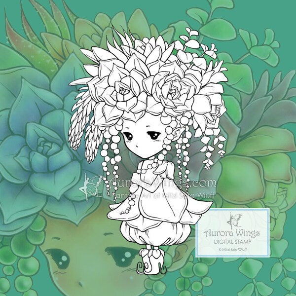 PNG JPG Succulent Sprite - Aurora Wings Digital Stamp - Adorable Plant Fairy - Fantasy Line Art for Arts and Crafts by Mitzi Sato-Wiuff