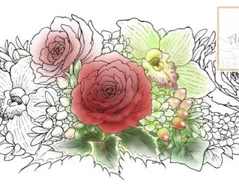 Digital Stamp - Christmas Floral - Instant Download - Rose Orchid Holly Ivy - Line Art for Cards & Crafts by Mitzi Sato-Wiuff