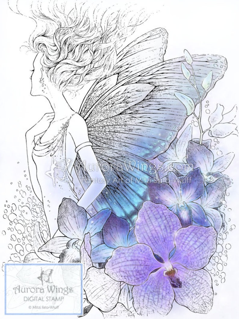Digital Stamp Instant Download  Orchid Fairy w/ Detailed image 1