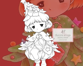 JPG and PNG Digital Stamp - Christmas Tree Sprite 2 - Coloring Page for All Ages - Holiday Baby Elf - Holiday Coloring Page - Aurora Wings