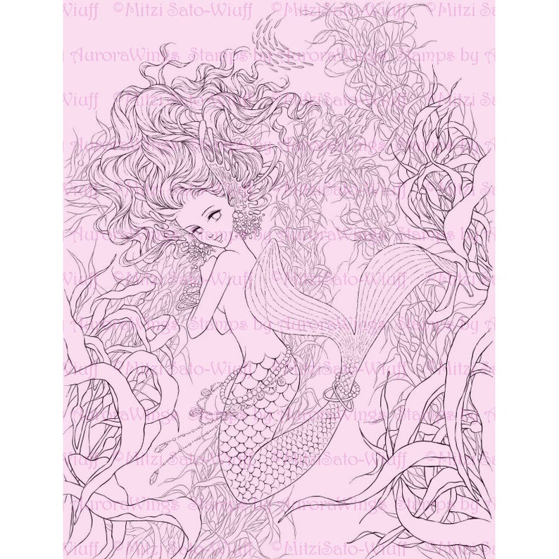 PDF Adult Coloring Page Bundle Mitzi's Mermaids Collection of 7 Beautifully Detailed Fantasy Mermaid Coloring Pages by Mitzi Sato-Wiuff image 7