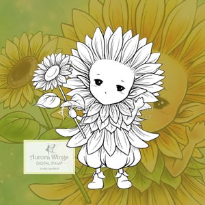Digital Stamp JPG PNG - Sunflower Sprite - Whimsical Sunflower Fae - digistamp - Fantasy Line Art for Cards & Crafts by Mitzi Sato-Wiuff