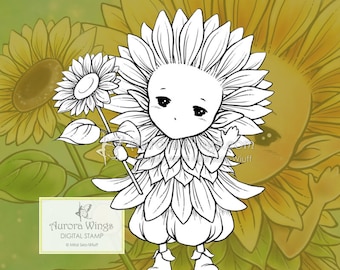 Sello digital JPG PNG - Sunflower Sprite - Whimsical Sunflower Fae - digistamp - Fantasy Line Art for Cards & Crafts by Mitzi Sato-Wiuff