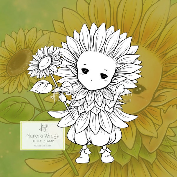 Digital Stamp JPG PNG - Sunflower Sprite - Whimsical Sunflower Fae - digistamp - Fantasy Line Art for Cards & Crafts by Mitzi Sato-Wiuff